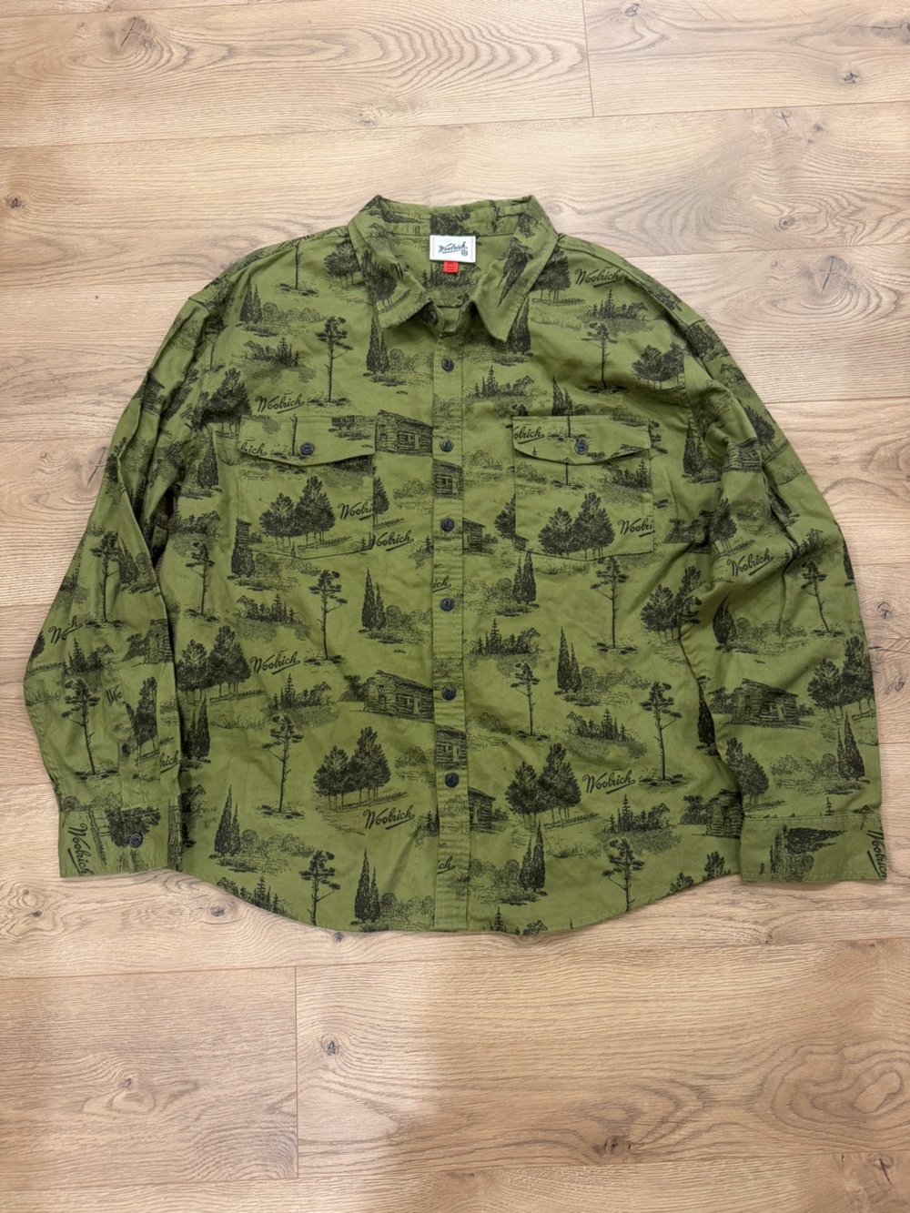 Woolrich Men’s XXL Green Tree Cabin Print Utility Shirt Jacket Chore Coat